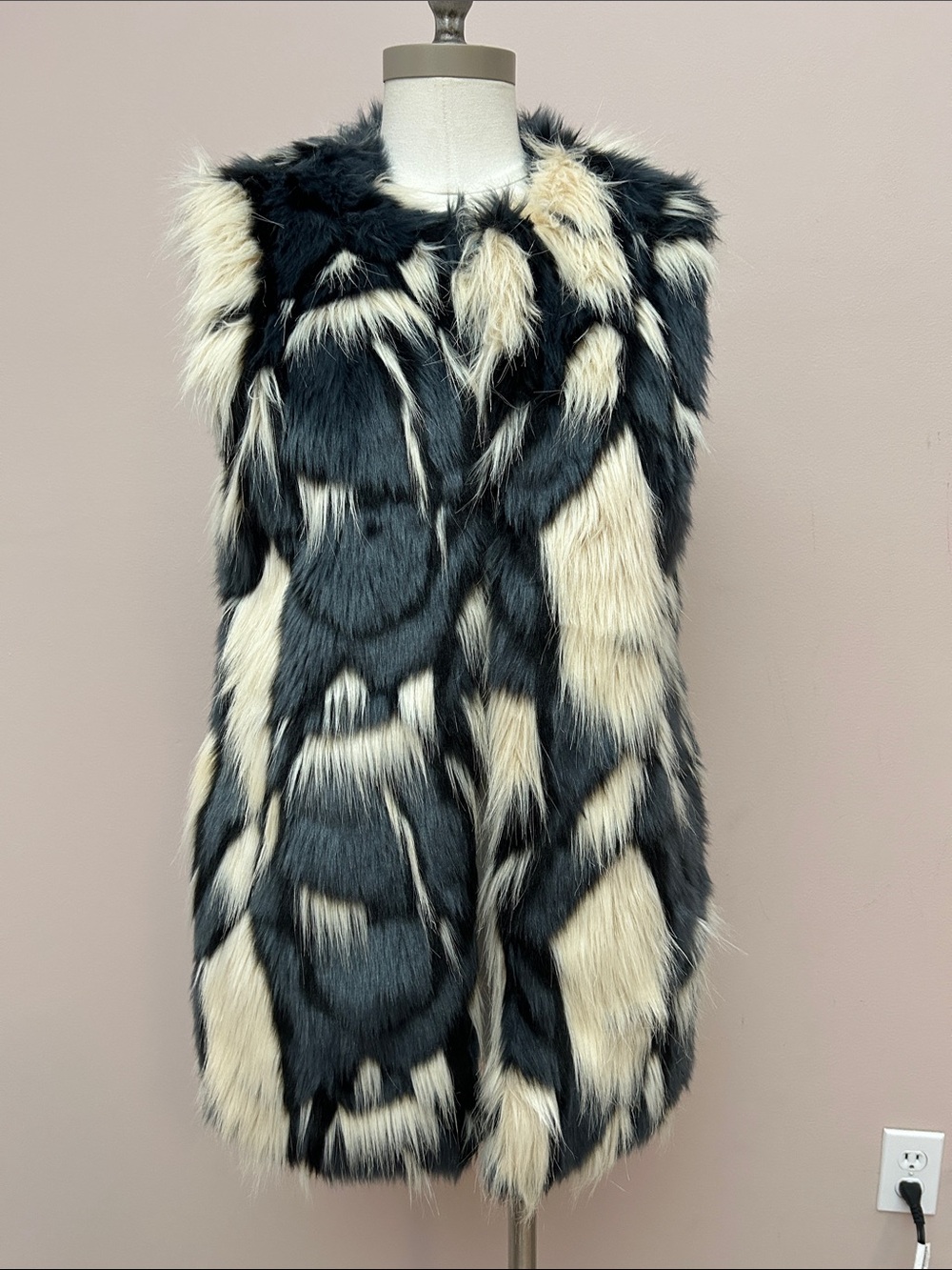 Patchwork Faux Fur Vest in Black & Cream size S